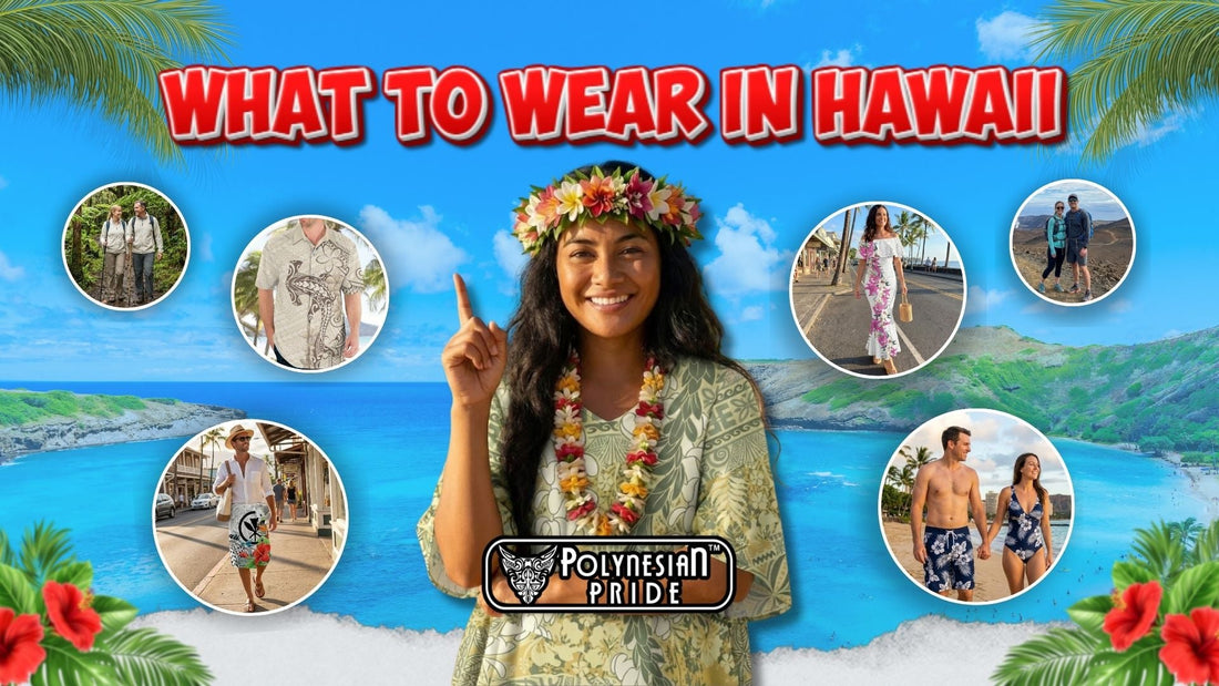 Native Hawaiian woman pointing to What to Wear in Hawaii outfit ideas including hiking gear, floral dresses, and couple swimwear by Polynesian Pride