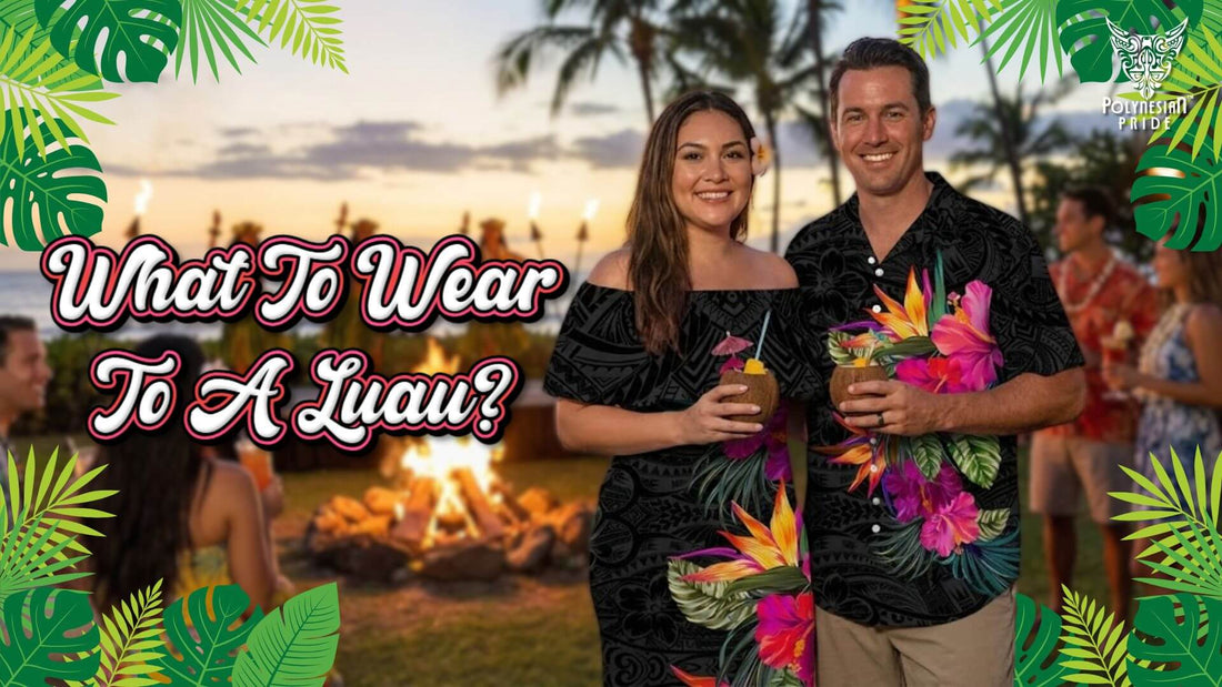 Couple wearing matching aloha-style outfits and holding tropical drinks at a Hawaiian luau during sunset