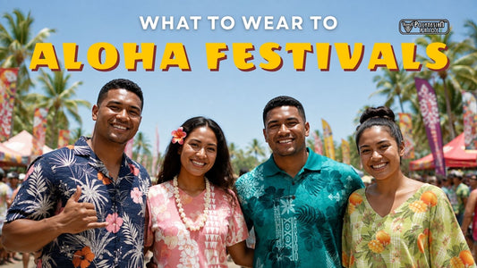 Men and women wearing colorful aloha shirts and Hawaiian-style outfits at Aloha Festivals.