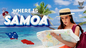 Traveler holding a map on a tropical beach with text ‘Where is Samoa’ and island illustration